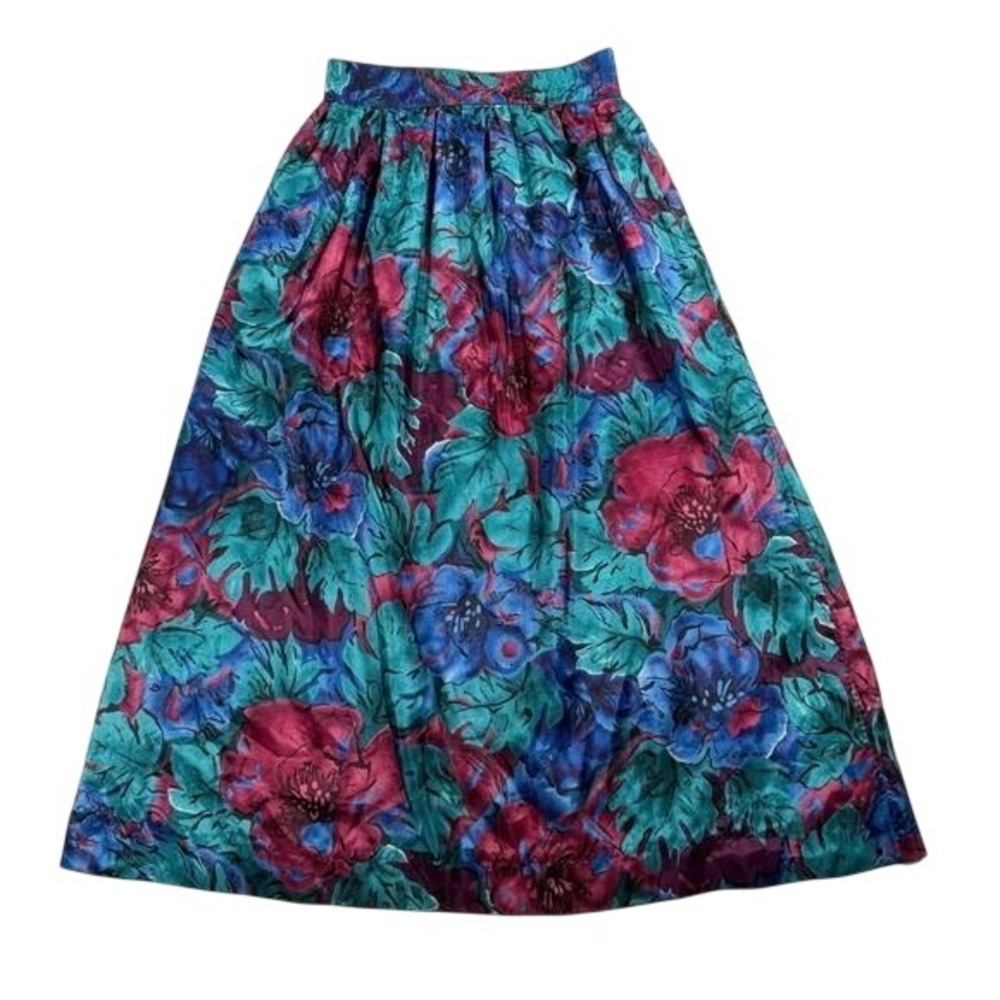 Vintage Floral Maxi Skirt Teal Blue Magenta High Waisted A-Line Flowy Boho Skirt